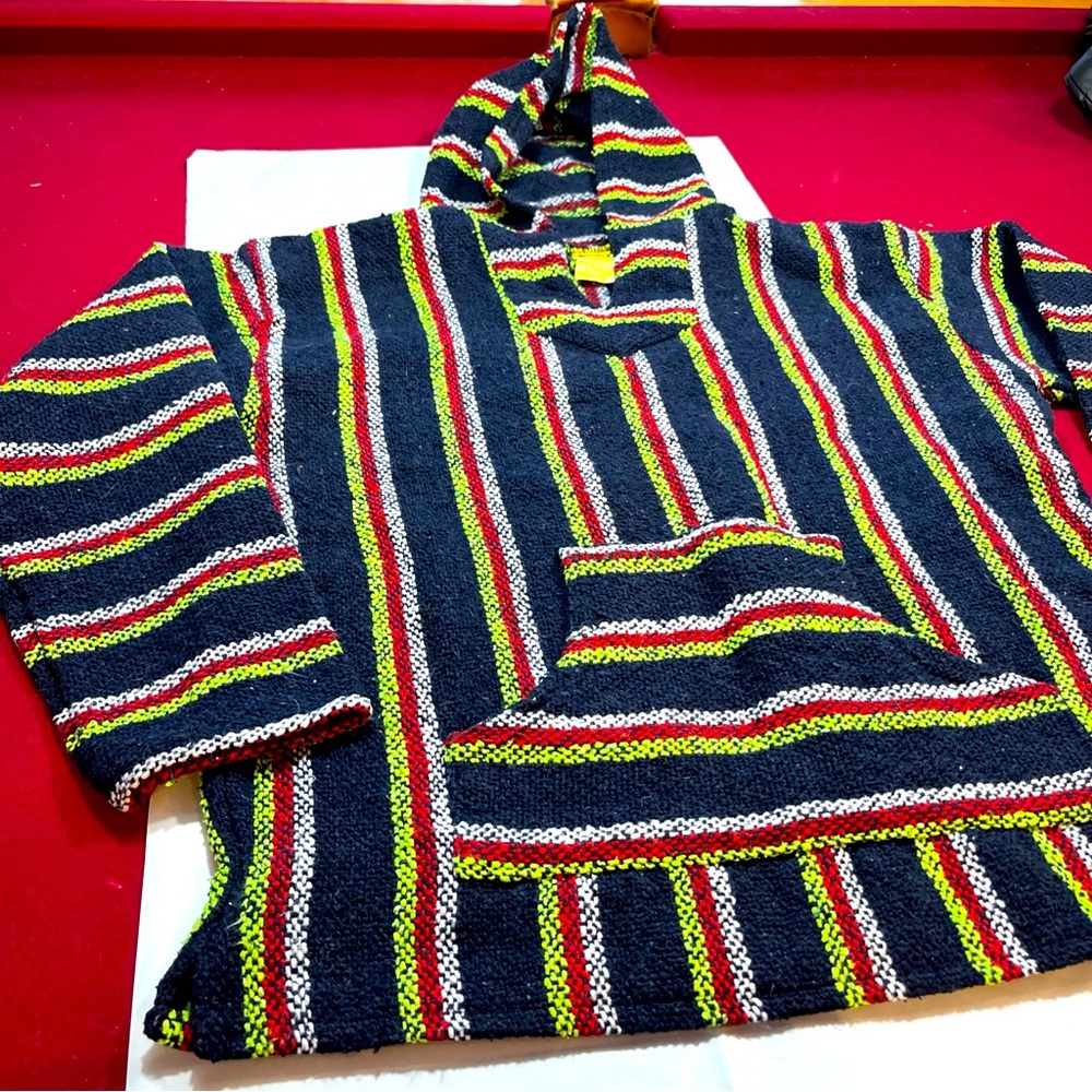 Franks Textile Mexican BLUE Baja stoner Poncho Hoodie, XL Striped,  Hippie Rasta